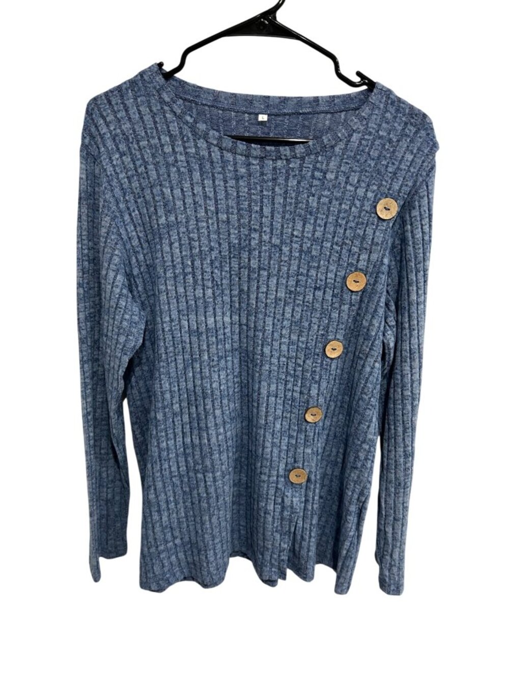 Womens Blue Ribbed Knit Long Sleeve Tunic Wooden Button Size Large Preppy Boho
